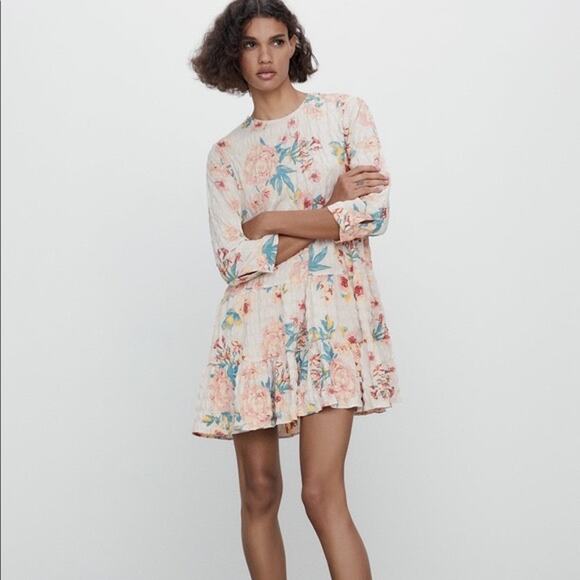 Zara Multicolor Floral Textured 3/4 Sleeve Tiered Flounce Hem Mini Shift Dress M - Picture 1 of 16